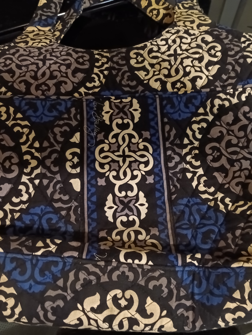 Vera Bradley Quilted Pattern Tote Bag in Black, Cream & Blue